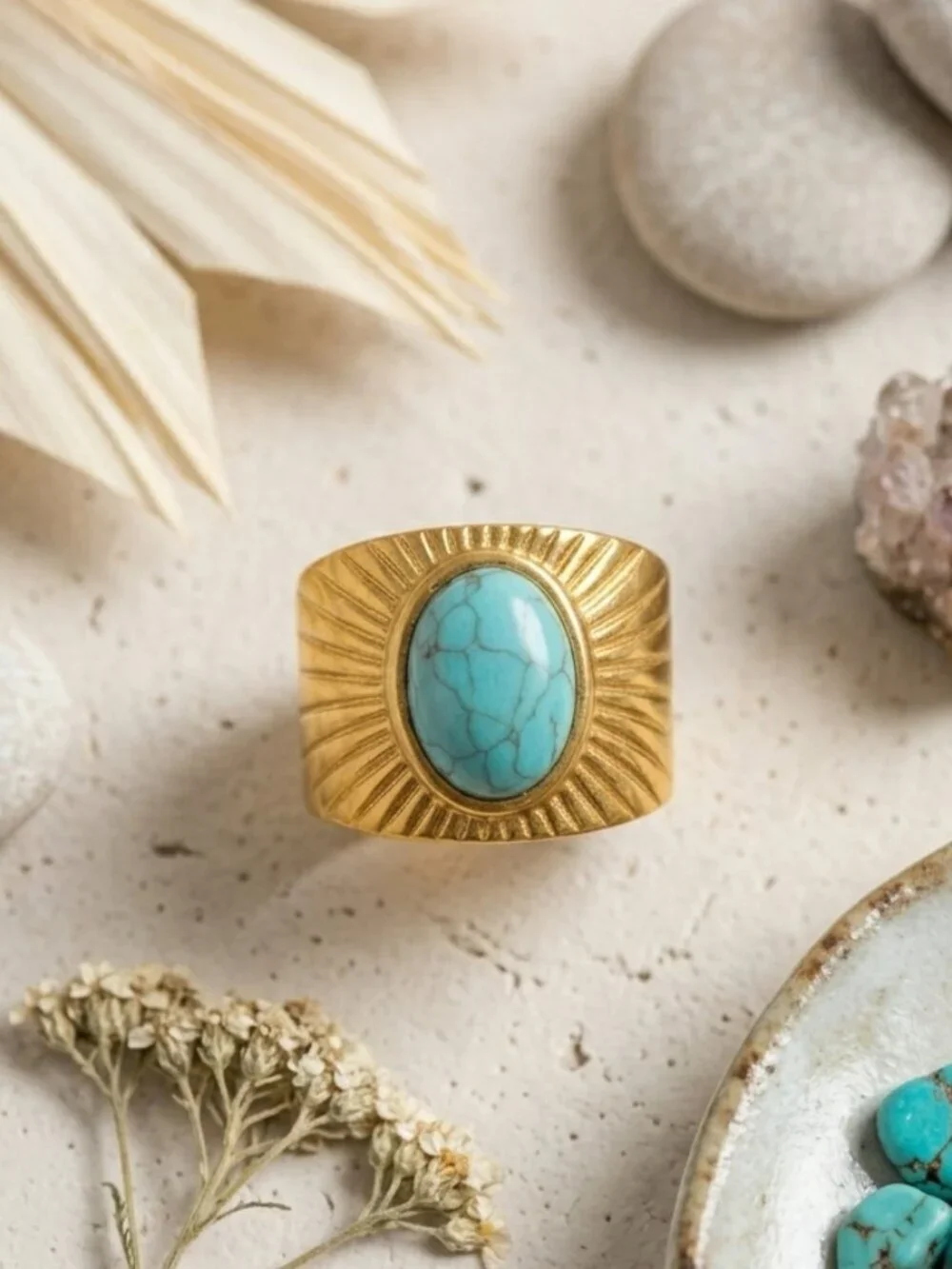 Turquoise Sunburst Wide Band Adjustable Ring 14K Gold Plated Boho Western 7-9